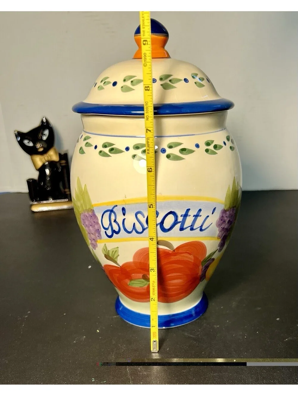 Vintage 1990s Hand Painted Biscotti Ceramic Lidded Jar, 4.5x9.5”